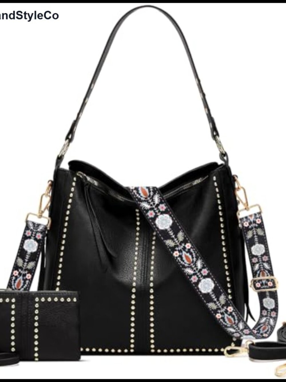 PU Faux Leather Hobo Handbag with Wallet Set - Women's Studded Shoulder Bag